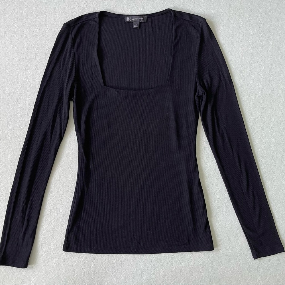 INC International Concepts Black Ribbed Square Neck Top Sz S